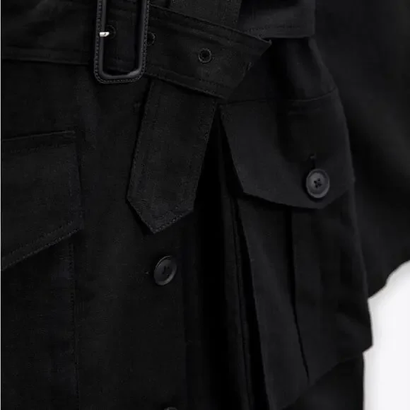 ZARA Linen Utility Jacket Belted Trench Coat Preppy Scandi Black Size XS/S - Picture 8 of 12